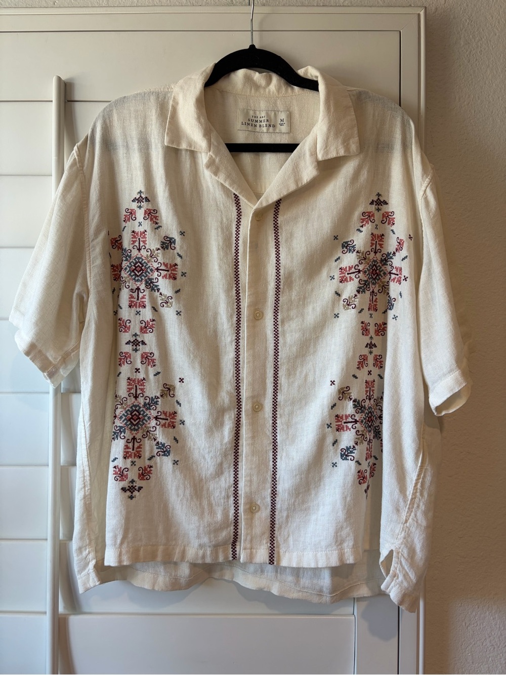 ABERCROMBIE Camp Collar Cropped Summer Linen-Blend Embroidered Shirt